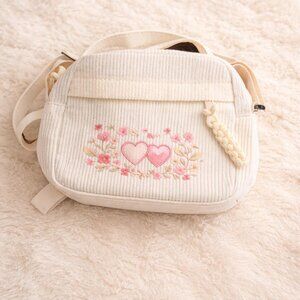 Corduroy Crossbody Bag with Heart & Floral Design, Small Shoulder Purse